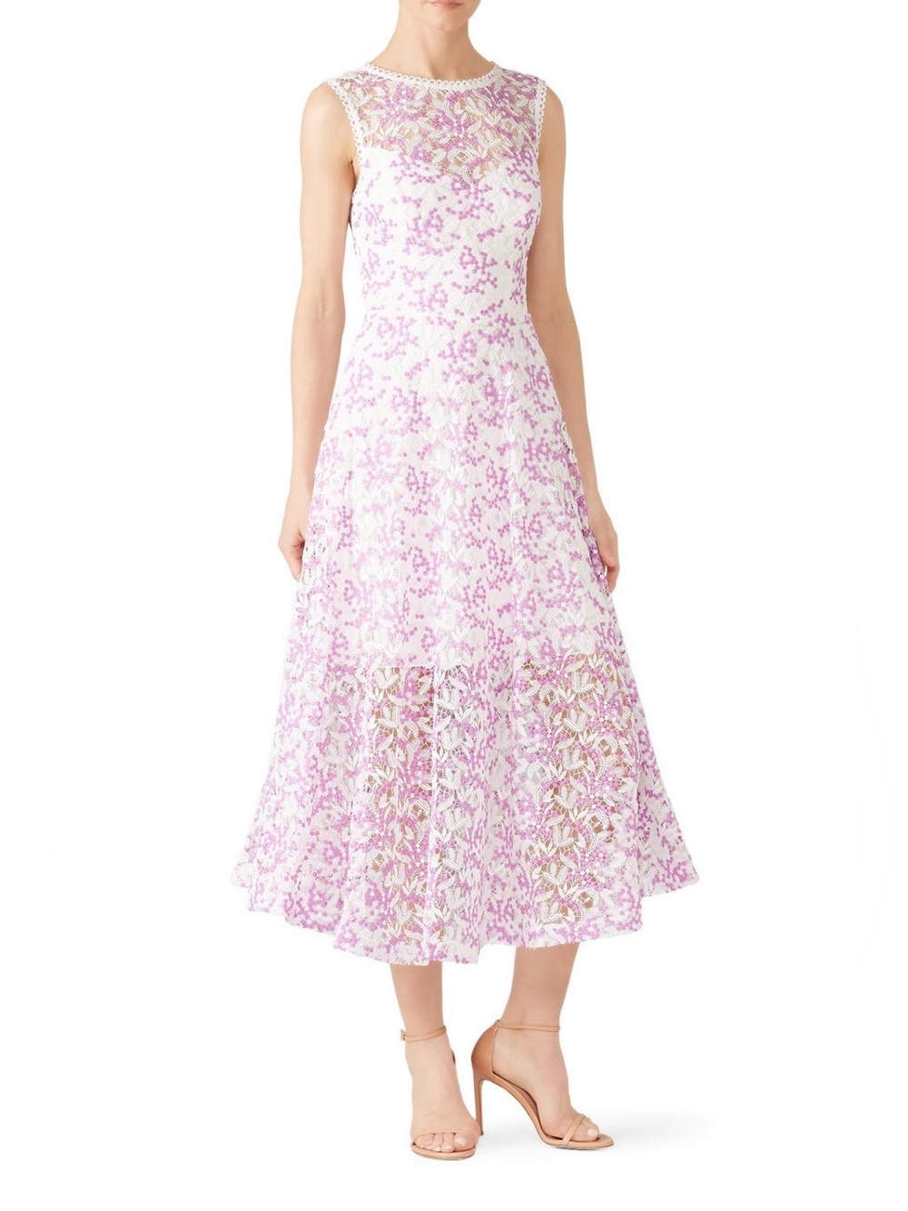 Monique Lhuillier~White and Lilac Floral Lace Midi Dress~Size 4~$595~